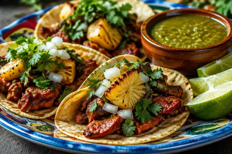 Tacos al pastor con piña, cebolla, cilantro y lima