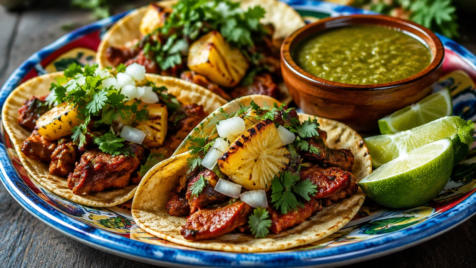 Tacos al pastor con piña, cebolla, cilantro y lima