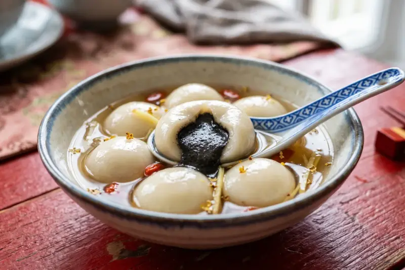 Tang yuan en almíbar de jengibre, una abierta con relleno de sésamo negro