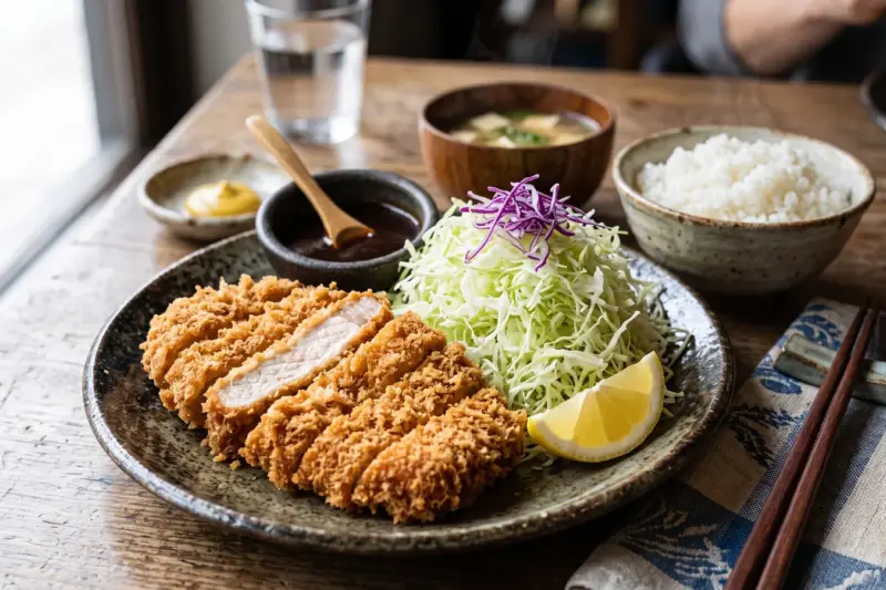 Tonkatsu cortado en tiras con col en juliana y salsa