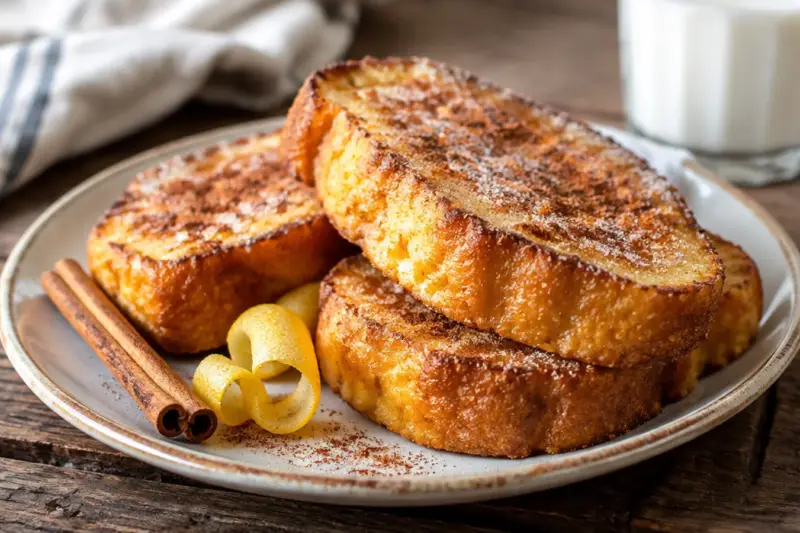 Torrijas caseras doradas rebozadas en azúcar y canela
