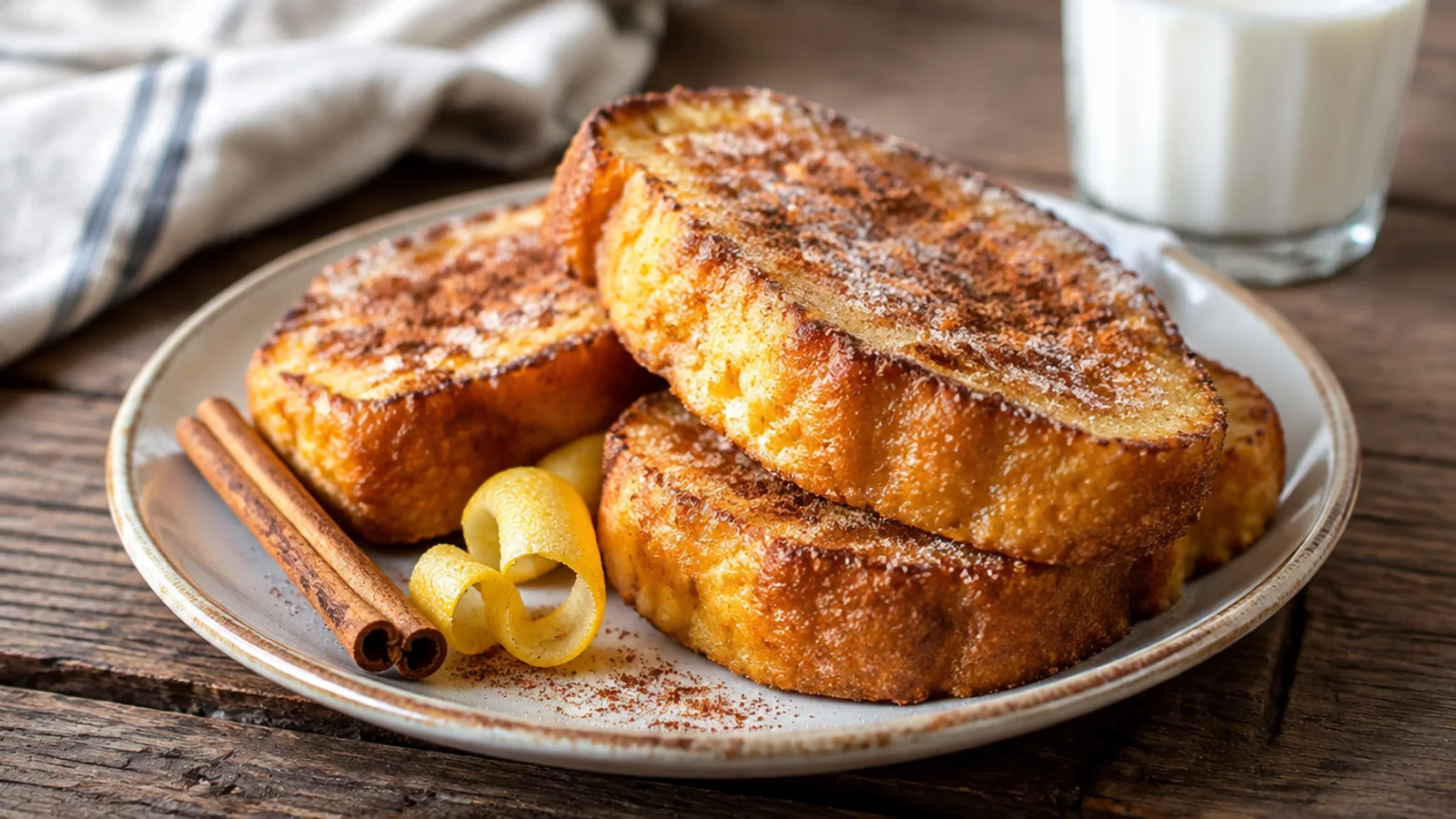 Torrijas caseras doradas rebozadas en azúcar y canela
