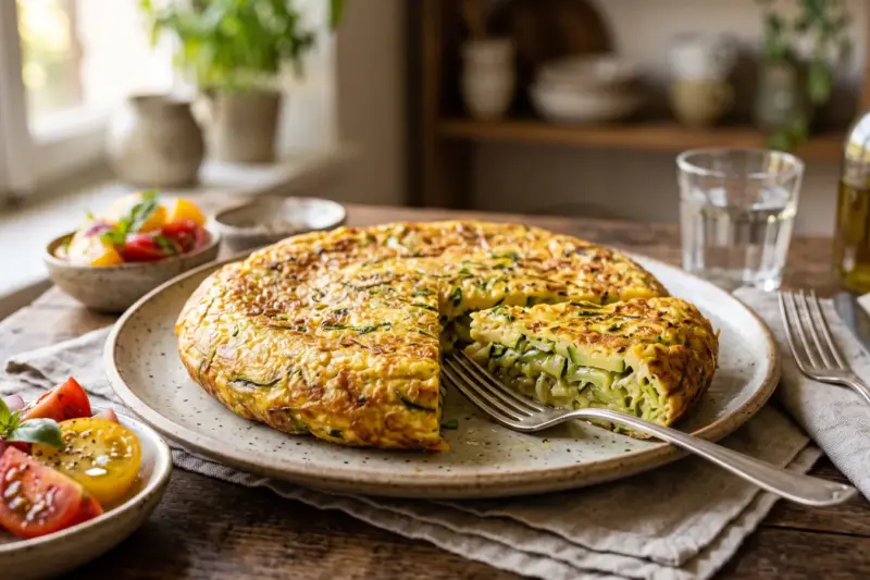 Tortilla de calabacín y cebolla con un trozo cortado y ensalada de tomate