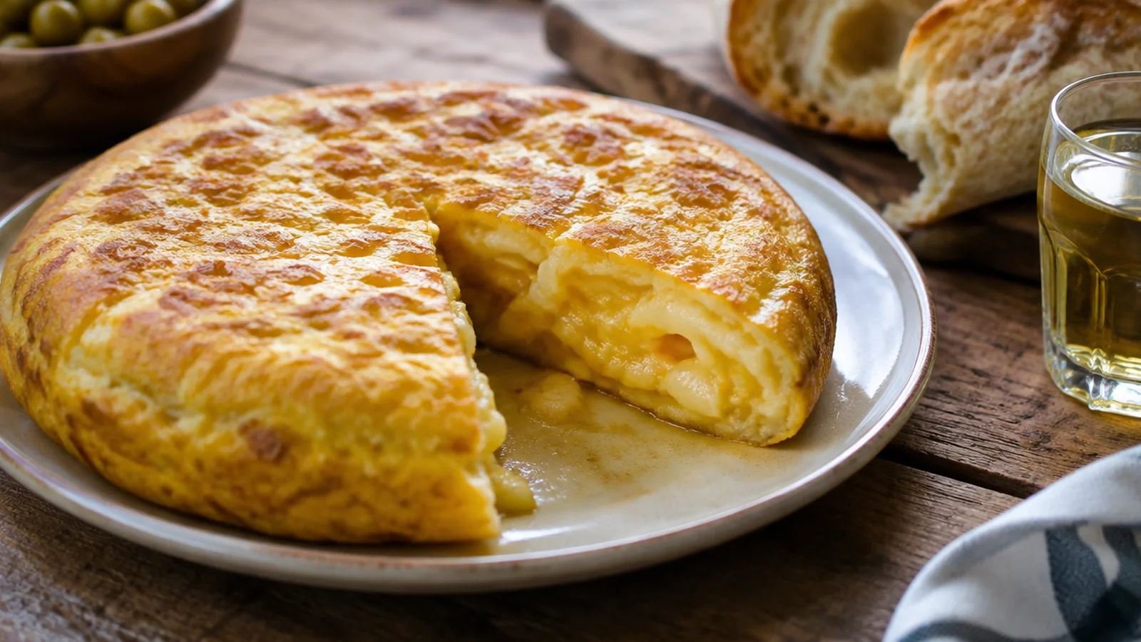 Tortilla de patatas jugosa con un trozo cortado mostrando su interior
