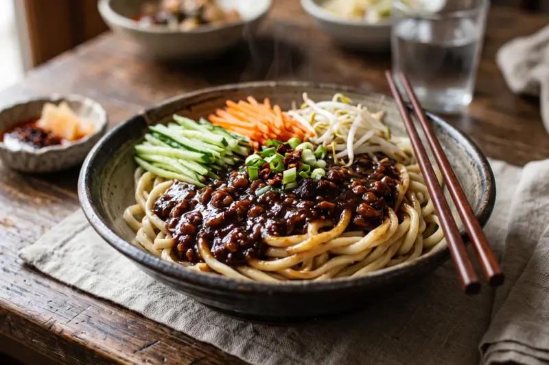 Zha jiang mian con salsa de soja fermentada y pepino en juliana