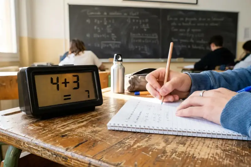 Un reloj digital retro sobre un escritorio muestra una operación matemática en lugar de la hora