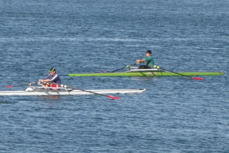 Dos remeros en botes individuales entrenan en el río Calle-Calle, en Valdivia (Chile)