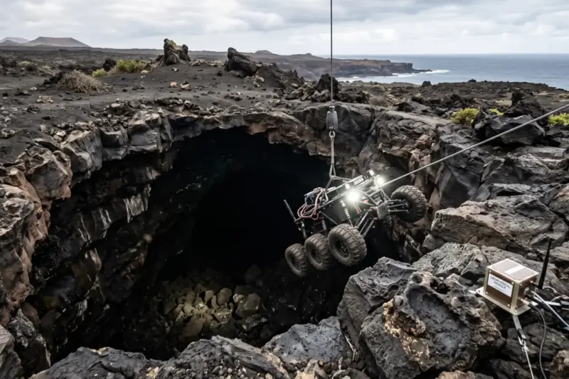 Róver robótico desciende con cuerdas por la entrada de un tubo volcánico en un paisaje de lava negra