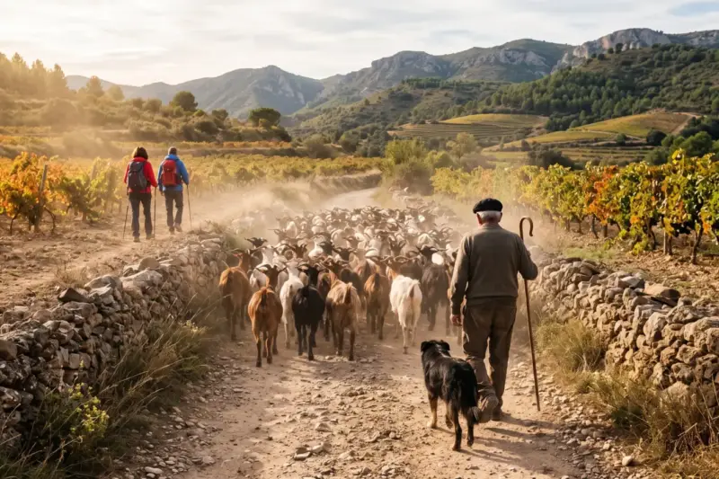 Pastor guía un rebaño de cabras por un antiguo camino rural entre viñedos y colinas de Tarragona
