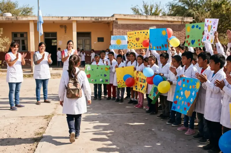 Alumnos y docentes aplauden con carteles en el patio de una escuela de Salta para recibir a una compañera