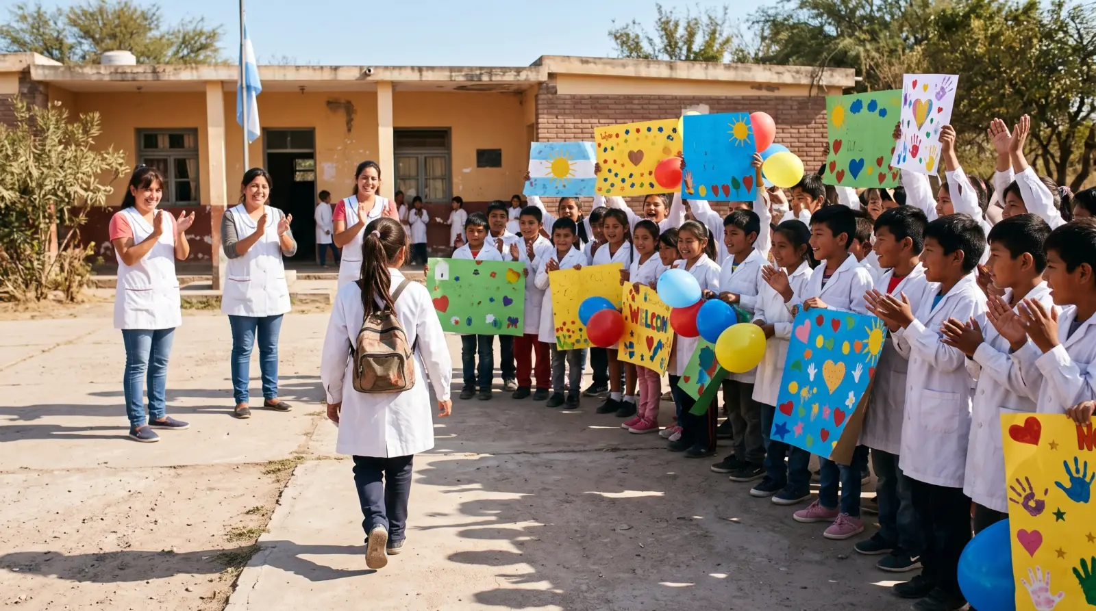 Alumnos y docentes aplauden con carteles en el patio de una escuela de Salta para recibir a una compañera