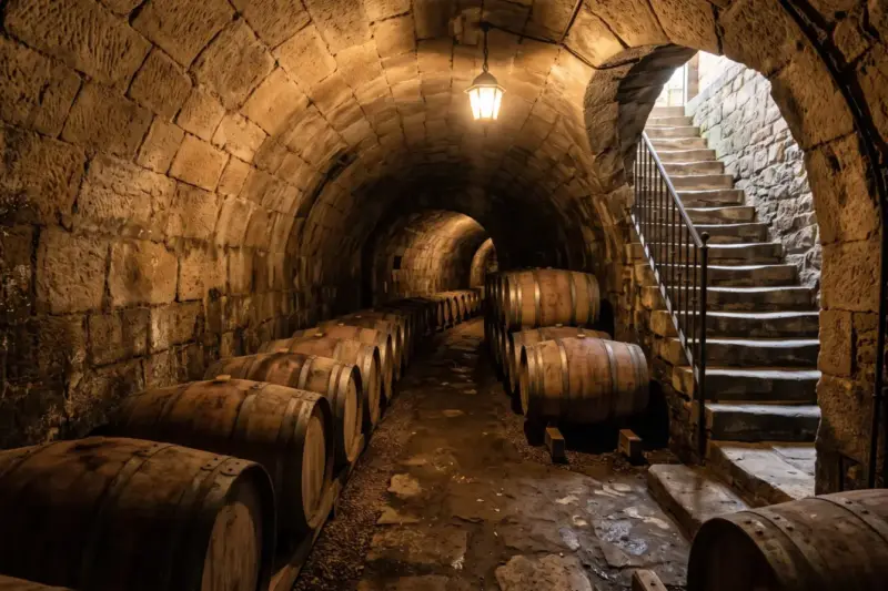 Galería subterránea de piedra con barricas de vino bajo una casa del casco antiguo de San Vicente de la Sonsierra