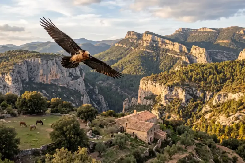 Un quebrantahuesos sobrevuela los riscos calizos y bosques del Parc Natural dels Ports