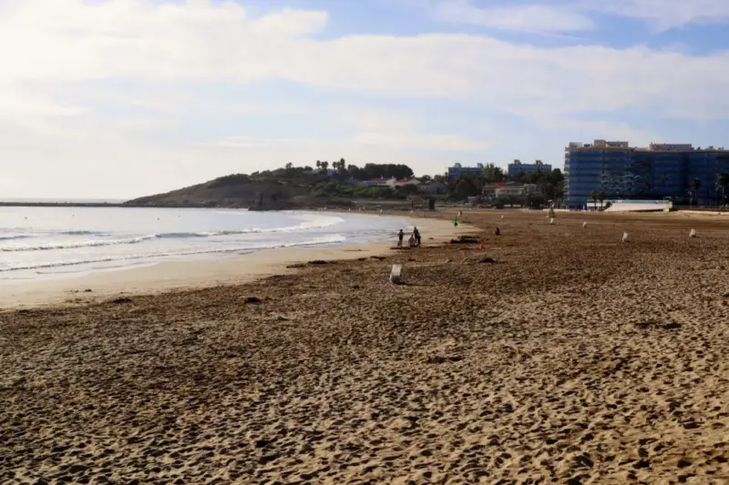 Playa de arena de La Pineda con el mar a la izquierda y edificios junto a la costa al fondo