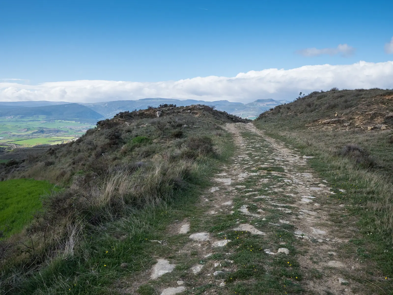 Antigua calzada romana de piedra que avanza por una loma herbosa con montañas y nubes al fondo