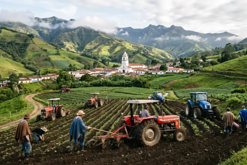 Varios tractores trabajan en campos de papa en las colinas verdes del Oriente antioqueño
