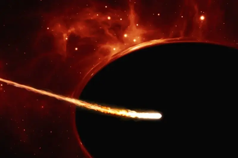 Ilustración conceptual de un agujero negro atrayendo materia y restos de una estrella cercana en el espacio.