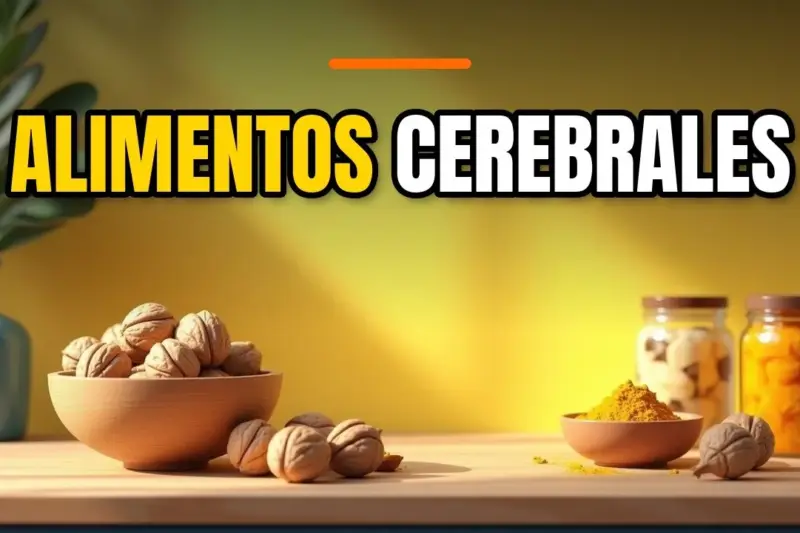Cocina luminosa con mesa de madera: nueces, cúrcuma y tarros de fermentados alrededor de un hueco para el título.