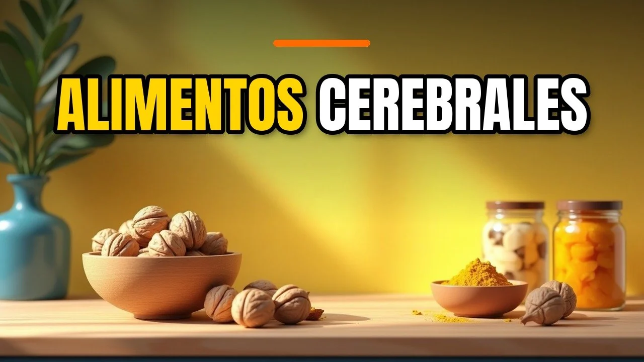 Cocina luminosa con mesa de madera: nueces, cúrcuma y tarros de fermentados alrededor de un hueco para el título.