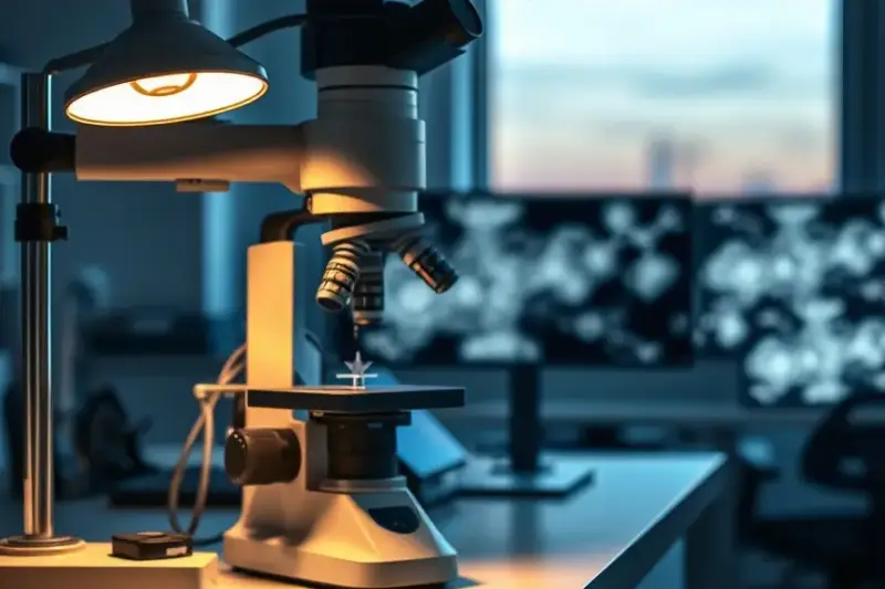 Laboratorio de física con un microscopio de escaneo y una muestra metálica cristalina sobre la mesa de trabajo