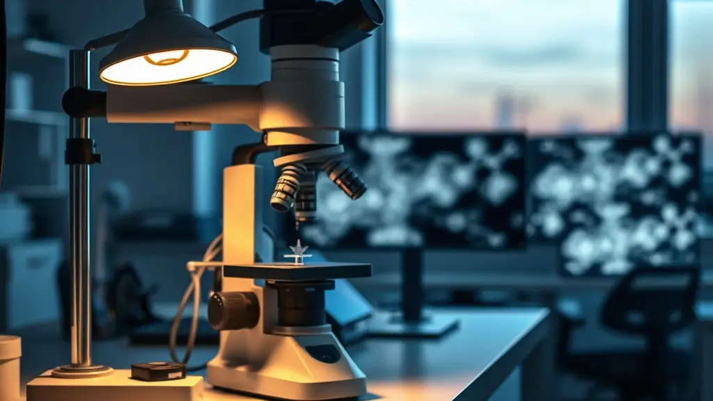 Laboratorio de física con un microscopio de escaneo y una muestra metálica cristalina sobre la mesa de trabajo