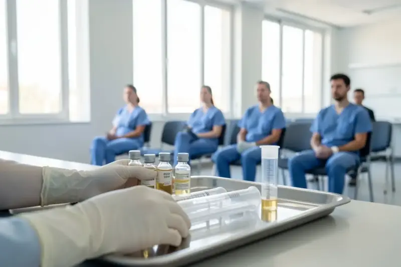 Sala de formación sanitaria con bandeja de instrumental, viales de plasma y profesionales sentados ante una pantalla.