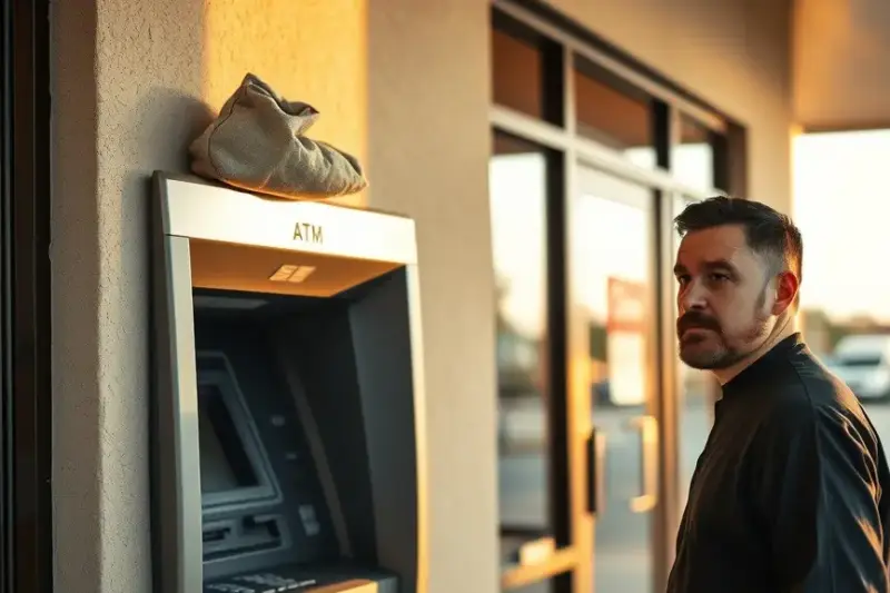 Cajero automático de un banco en una zona comercial, con una bolsa encima de la máquina y un hombre de pie a poca distancia.