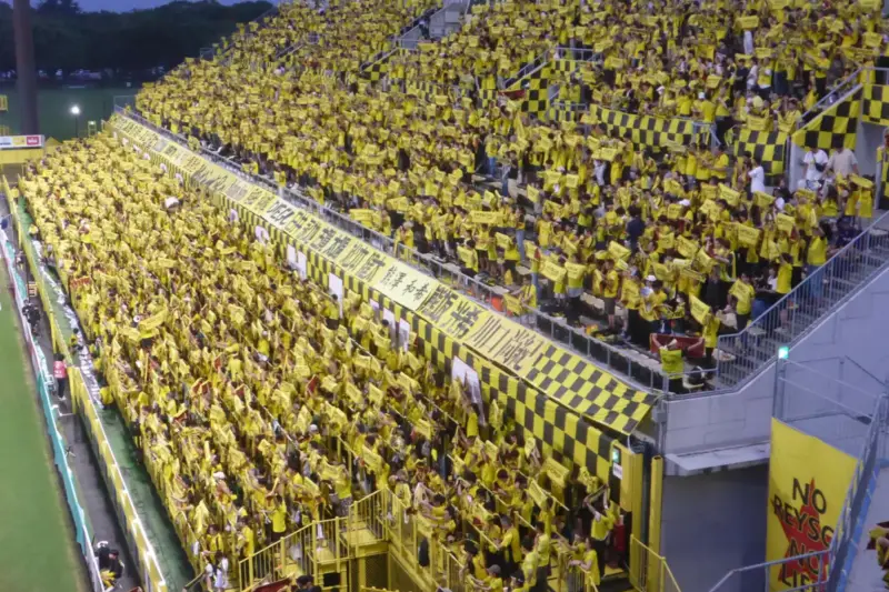 Aficionados en la grada de un estadio de fútbol durante un partido de noche, con la mayoría mirando el terreno de juego.