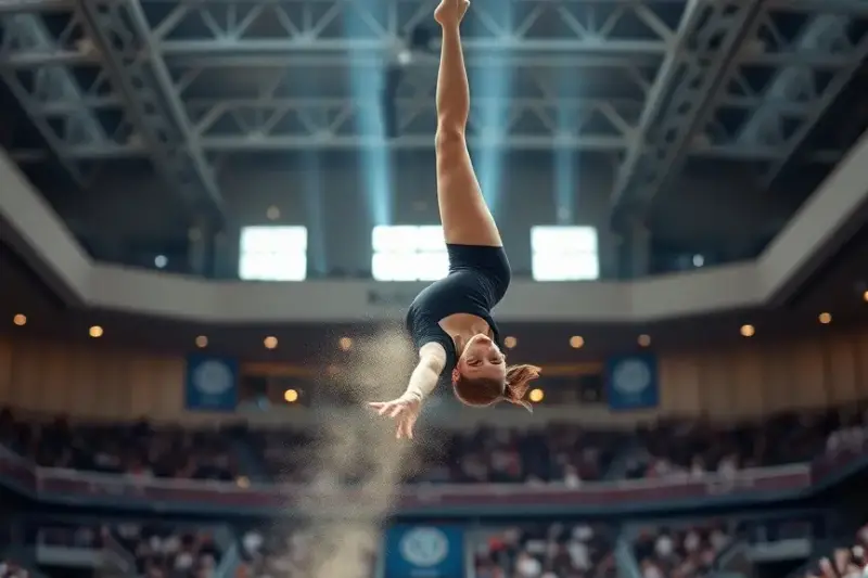 Gimnasta femenina ejecutando un salto en un pabellón de competición con el público al fondo.