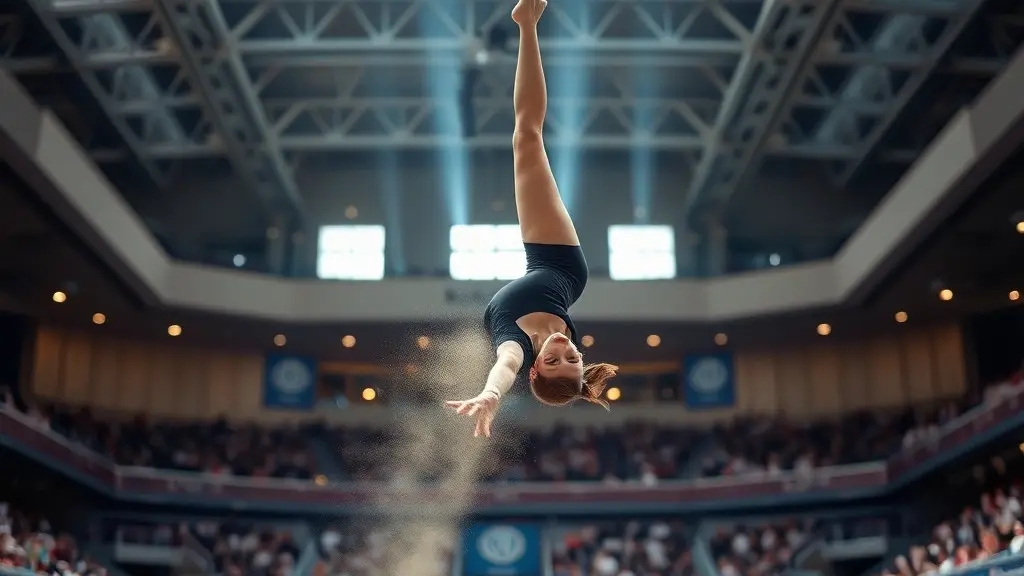Gimnasta femenina ejecutando un salto en un pabellón de competición con el público al fondo.