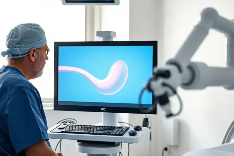 Médico de neumología trabajando con un sistema robótico de broncoscopia en una sala de hospital