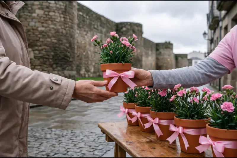 Voluntaria entrega una maceta de claveles rosas con lazo rosa junto a la muralla romana de Lugo