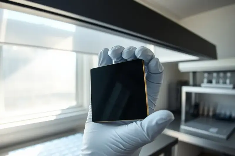 Investigador manipulando una lámina de material fotovoltaico en un laboratorio universitario.