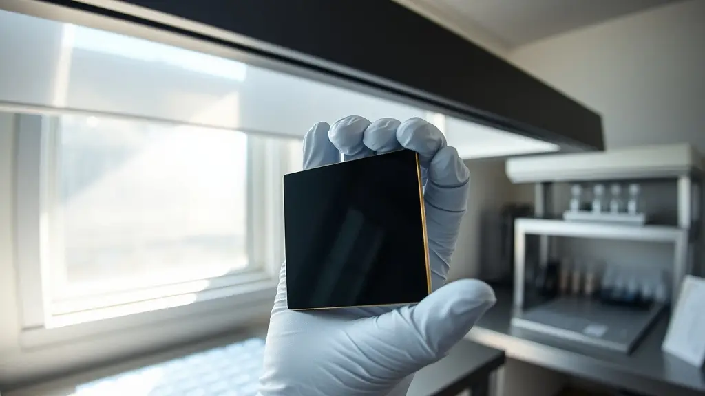 Investigador manipulando una lámina de material fotovoltaico en un laboratorio universitario.