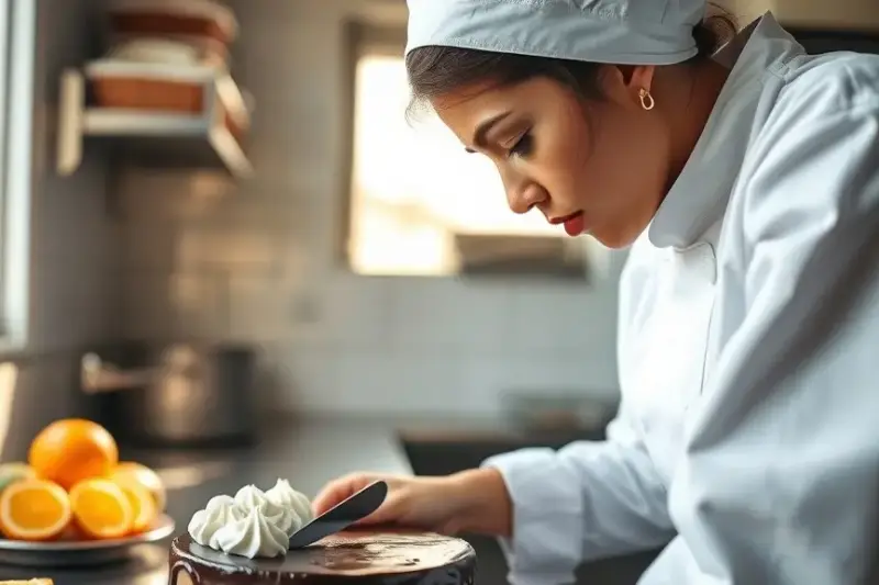 Pastelera preparando un cheesecake de chocolate en una cocina de pastelería con luz natural