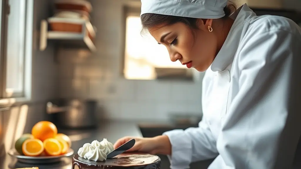 Pastelera preparando un cheesecake de chocolate en una cocina de pastelería con luz natural