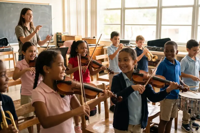 Niños de primaria tocan violines, trompetas y tambores en el aula de música de su escuela