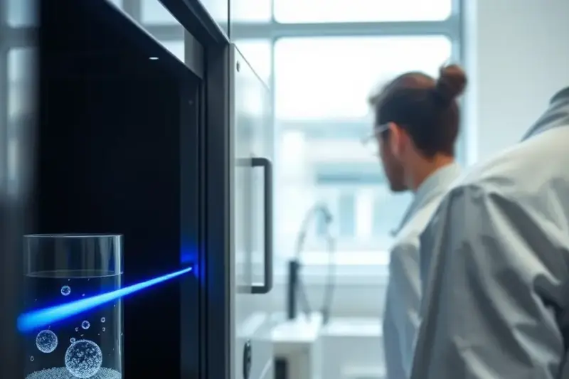 Laboratorio científico con una cinta móvil de muestras y un haz de láser atravesando una cámara de análisis.