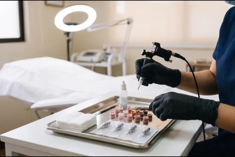 Manos con guantes negros sujetan un dermógrafo junto a una bandeja con pigmentos en una clínica de micropigmentación