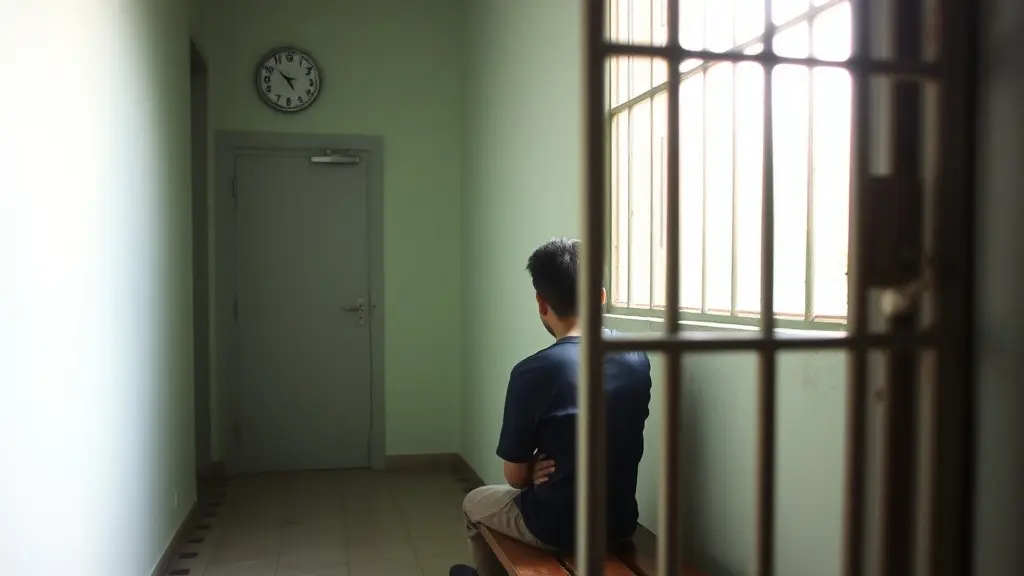 Pasillo sobrio de un centro de justicia juvenil con luz natural entrando por una ventana enrejada