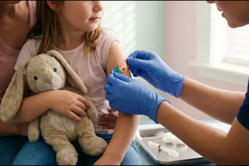 Una enfermera pone una tirita a una niña recién vacunada que abraza un peluche de conejo