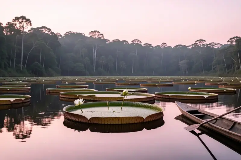 Laguna amazónica al amanecer con grandes hojas flotantes de nenúfar y una canoa de madera en la orilla