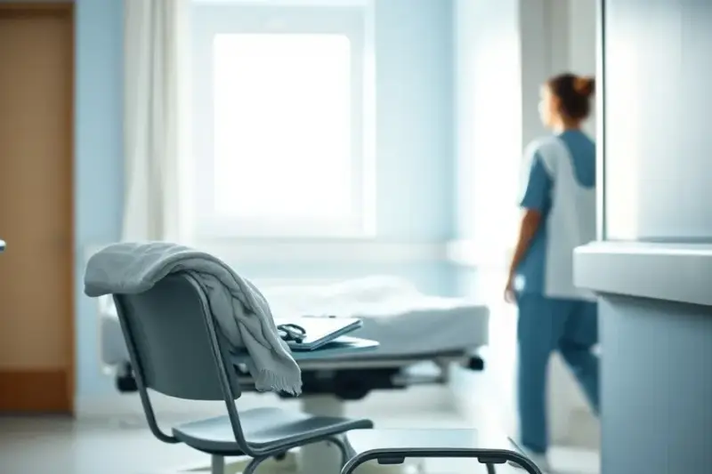 Pasillo de hospital con luz de mañana, una cama de ruedas junto a una ventana y una silla con una manta doblada