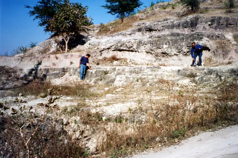 Excavación paleontológica con huevos fósiles de dinosaurio sobre capas de sedimento en un yacimiento de Guadalajara.