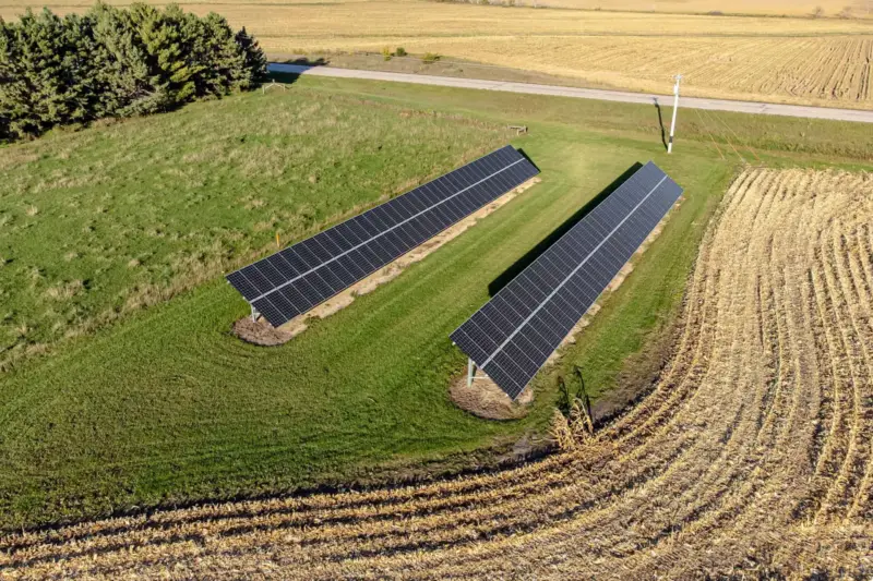 Filas de paneles solares fotovoltaicos en una planta extensa al atardecer, con el horizonte al fondo.
