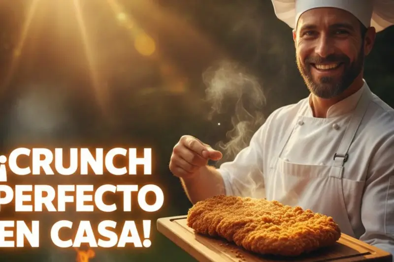 Un cocinero sonriente mostrando un crujiente pechuga de pollo empanada bajo luces doradas y destellos.