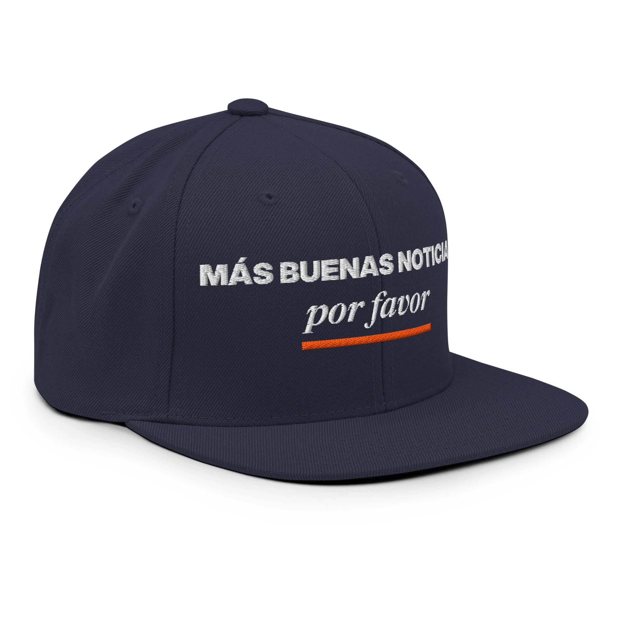 Gorra snapback bordada «Más buenas noticias, por favor» de GUAY.news en color azul marino (vista lateral derecha)