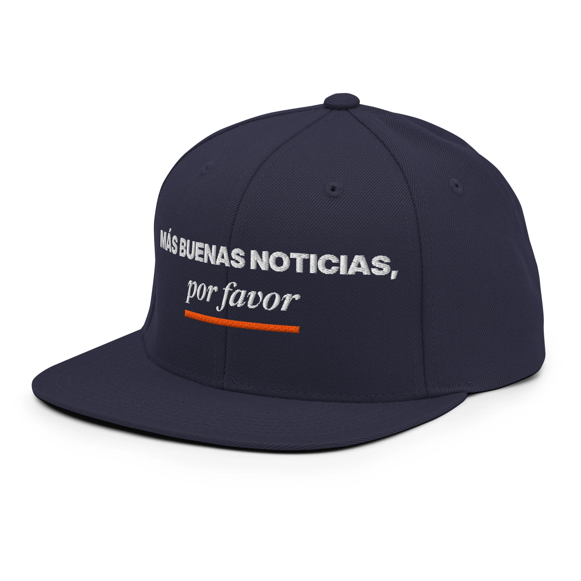 Gorra snapback bordada «Más buenas noticias, por favor» de GUAY.news en color azul marino (vista lateral izquierda)