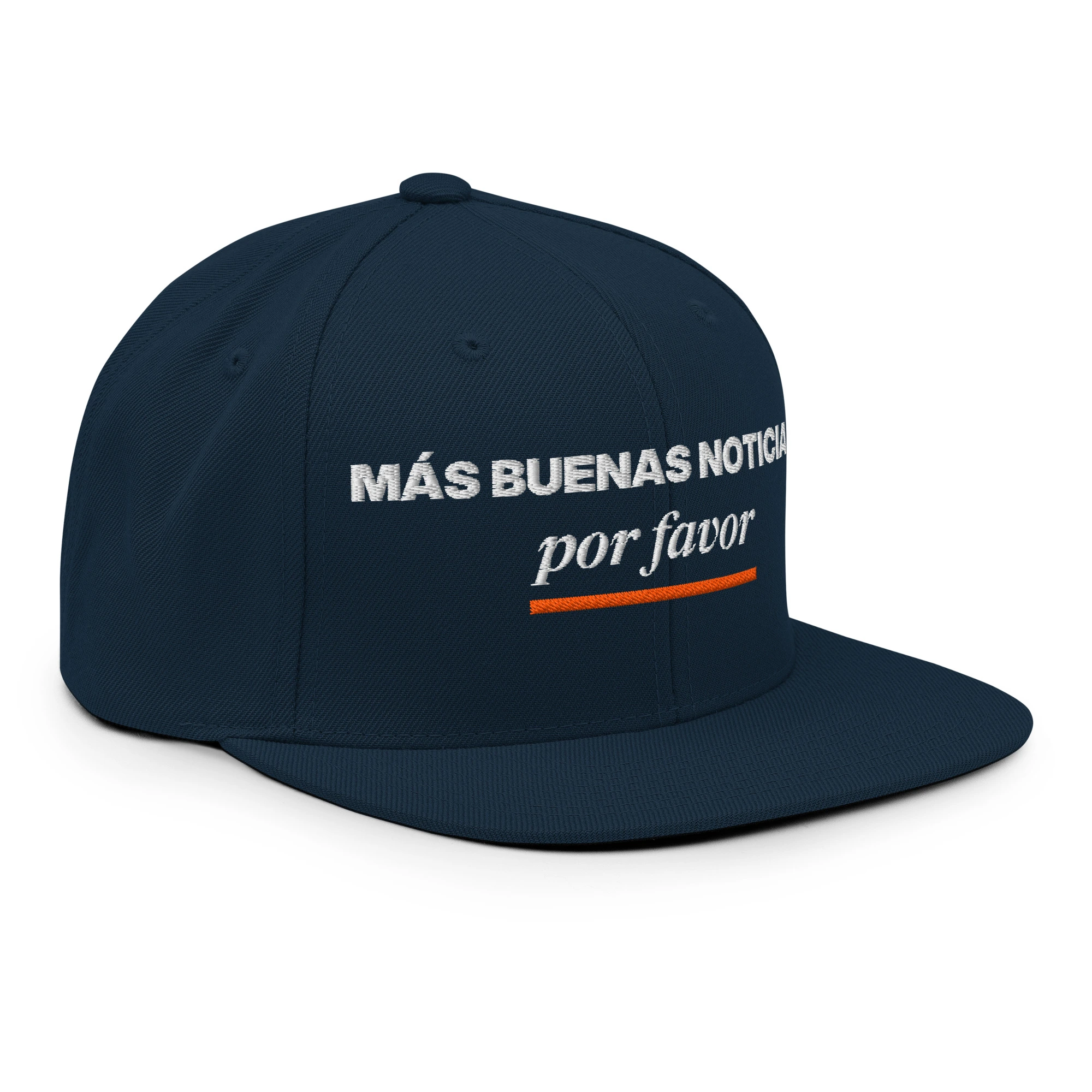 Gorra snapback bordada «Más buenas noticias, por favor» de GUAY.news en color azul marino oscuro (vista lateral derecha)