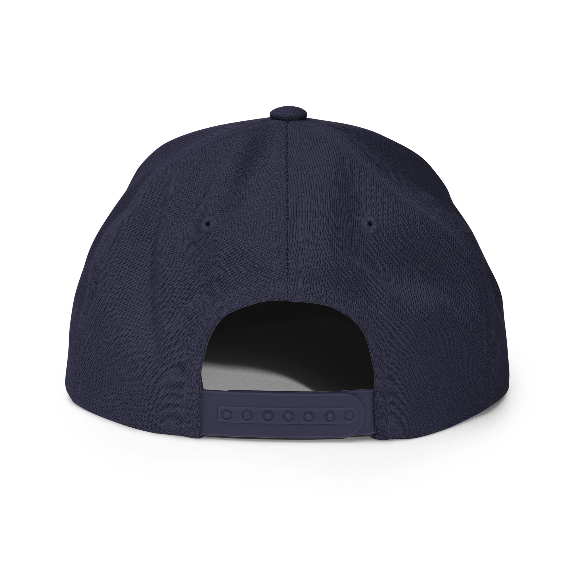 Gorra snapback bordada «Más buenas noticias, por favor» de GUAY.news en color azul marino (vista trasera)